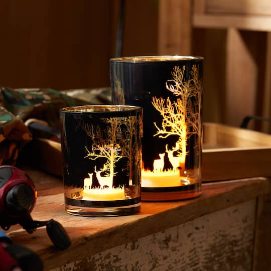 Black & Gold Mossy Oak Deer Glass Candle Holder Set